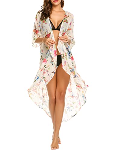 Ekouaer Strandponcho Damen Pareos Strandkleider Sommer Bikini Cover Up Lang Kimono Cardigan Chiffon, Weiß, S von Ekouaer