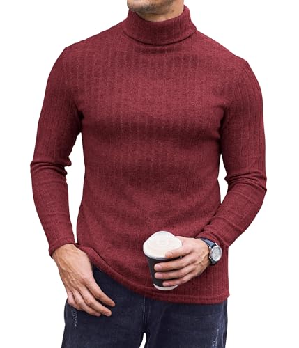Ekouaer Thermo Herren Rollkragenpullover Rollkragenshirt Thermooberteile Dünn Pullover Langarmshirt Thermounterwäsche Herbst Winter Warm Basismodell Slim Fit, Weinrot, M von Ekouaer