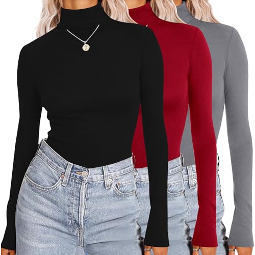 Ekouaer Thermo Oberteil Damen Langarmshirt Rollkragenpullover Shirt Langarm Unterwäsche Warm Unterhemd Leicht Skiunterwäsche Wandershirt 3pcs, Schwarz+Grau+Rot, L von Ekouaer