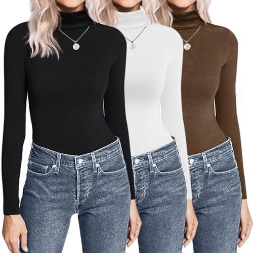 Ekouaer Thermo Oberteil Damen Langarmshirt Rollkragenpullover Shirt Langarm Unterwäsche Warm Unterhemd Leicht Skiunterwäsche Wandershirt 3pcs, Schwarz+Weiß+Braun, L von Ekouaer