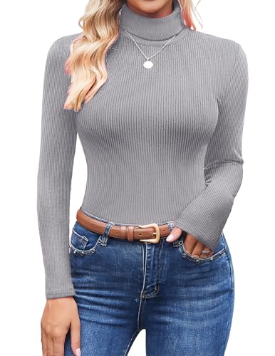 Ekouaer Thermo Shirt Damen High Neck Top Winter Langarmshirt Unterziehshirt Rollkragen Warm Thermo Rollkragenshirt Slim Fit Basic Tops Strickpullover, Mittelgrau, XXL von Ekouaer