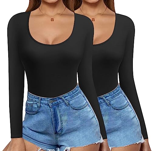 Ekouaer Thermo Shirt Damen Langarm Langarmshirt Multipack Damen Slim Fit Y2K Oberteile Basic Langarm Shirts Crop Tops Casual Rundhals T-Shirt 2pcs, 2pcs-Schwarz, S von Ekouaer