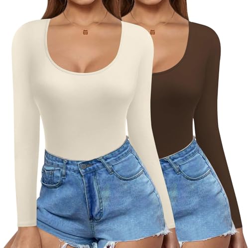 Ekouaer Thermo Shirt Damen Langarm Langarmshirt Slim Fit Y2K Oberteile Basic Shirt Damen Langarm Crop Tops Casual Rundhals T-Shirt 2pcs, Beige+Braun, S von Ekouaer
