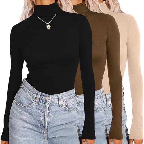 Ekouaer Thermo Shirt Damen Langarm Rollkragenshirt Winter Langarmshirt Warm Rollkragenpullover Damen 3er Set Slim Fit Basic Tops, Schwarz+Beige+Braun, XXL Ekouaer Thermo Shirt Damen Langarm Rollkragenshirt Winter Langarmshirt Warm Rollkragenpullover Damen 3er Set Slim Fit Basic Tops, Schwarz+Beige+Braun, XXL von Ekouaer