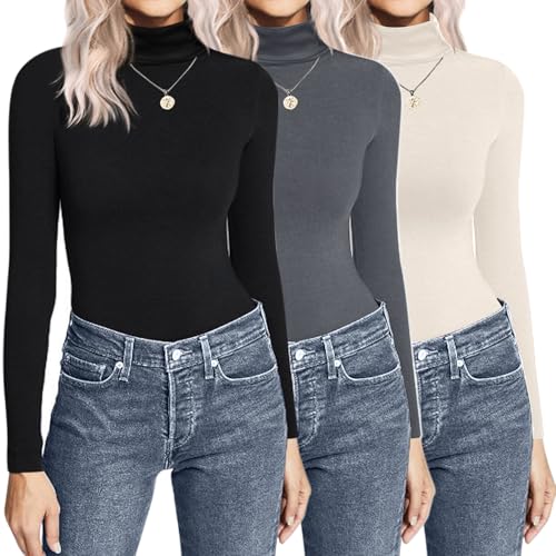 Ekouaer Thermo Shirt Damen Langarm Unterhemd Winter Langarmshirt Warm Thermo Rollkragenshirt Slim Fit Basic Tops 3 Pcs, Schwarz+Grau+Creme, XXL von Ekouaer