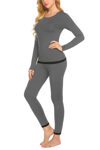 Ekouaer Thermo Unterwäsche Set für Damen Winter Innenfleece Skiunterwäsche Set Warm Thermo Oberteil & Leggings Grau L von Ekouaer