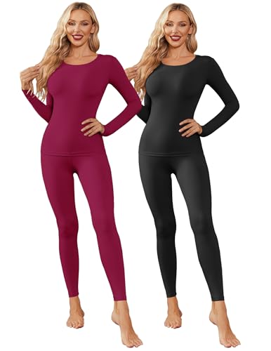 Ekouaer Thermounterwäsche Damen 2Pack Skiunterwäsche Funktionsunterwäsche Warm Atmungsaktiv Ski Unterwäsche Set Thermo Unterwäsche Sportunterwäsche in Winter Herbst Schwarz+Rot L von Ekouaer