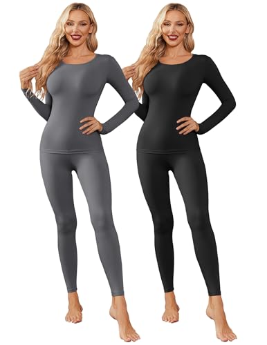 Ekouaer Thermounterwäsche Damen Atmungsaktiv Warm und Flexibel Skiunterwäsche Set Thermohemd mit Innenfleece Thermowäsche Set Warm Thermooberteil&Thermohose Leggings Thermowäsche Sets Schwarz+Grau S von Ekouaer