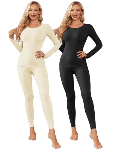 Ekouaer Thermounterwäsche Damen Winter Oberteil und Unterteile Skiunterwäsche Warme Thermowäsche Set Elastisch Thermounterhemd Atmungsaktive Beige+Schwarz M von Ekouaer