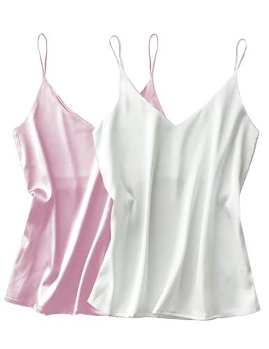 Ekouaer Damen Trägertop Top Elegant Unterhemd mit Spaghettiträger Seide Satin Weiß+Rosa XXL von Ekouaer