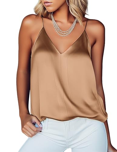 Ekouaer Top Damen Satin Unterhemd Luftig und Dünn Oberteile V-Ausschnitt mit Racerback Tank Top Khaki L von Ekouaer