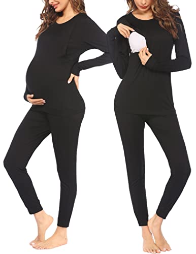 Ekouaer Umstands Schlafanzug Thermo Stillpyjama Damen Langarm Winter zweiteiliges Nachtwsche Umstandspyjama Set mit Rundhals Schwarz XL von Ekouaer