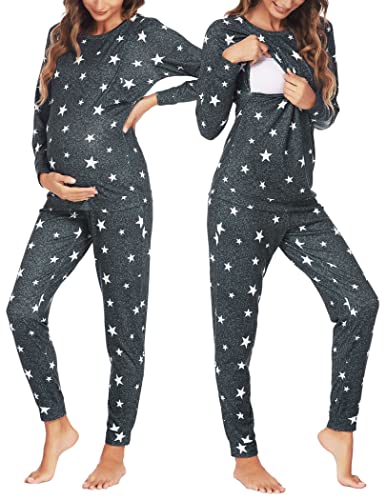 Ekouaer Umstandschlafanzug Damen Thermo Stillpyjama lang gestreift Loungewear Zweiteiliger Nachtwäsche mit U Ausschnitt Dunkelgrau Sterne XXL von Ekouaer