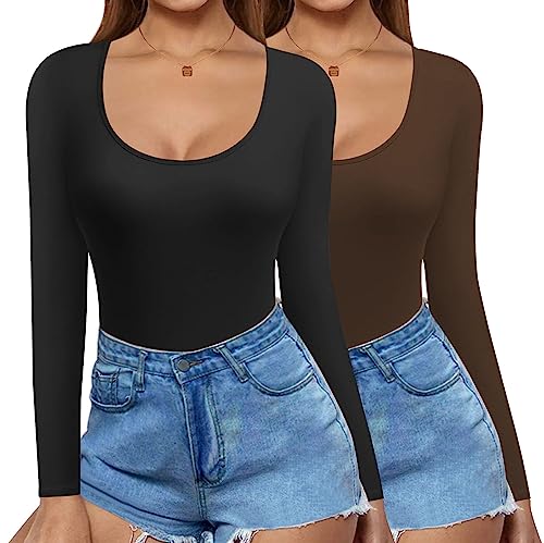 Ekouaer Unterhemd Leicht Damen Langarmshirt Slim Fit Basic Oberteile Langarm Shirts Casual Rundhals T-Shirt 2pcs, Schwarz+Braun, XS von Ekouaer