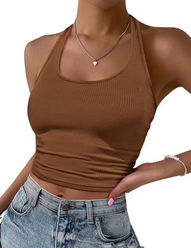 Ekouaer Neckholder Top Damen Crop Tops Rückenfrei Sommer Ärmellose U-Ausschnitt Oberteil Gestrickt, Braun L von Ekouaer