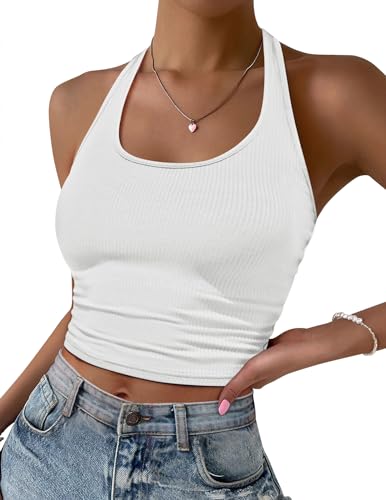 Ekouaer Unterhemden Damen Ärmellose Neckholder Top Rückenfrei U-Ausschnitt Oberteil Gestrickt Crop Tops, Weiß L von Ekouaer