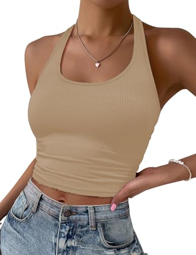 Ekouaer Crop Tops Neckholder Top Damen Tank Top Sommer Bauchfrei Oberteil Slim Fit Ribbed Knit, Khaki L von Ekouaer