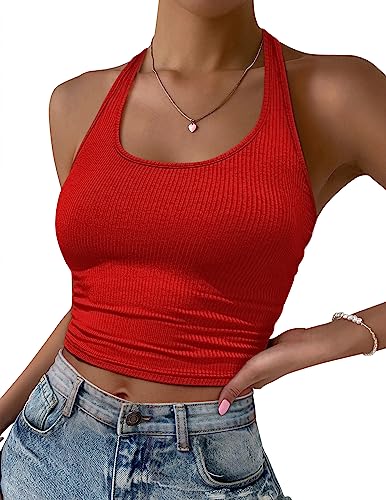 Ekouaer Tank Top Sommer Neckholder Top Damen Crop Tops Rückenfrei Oberteil Slim Fit Ribbed Knit, Rot S von Ekouaer