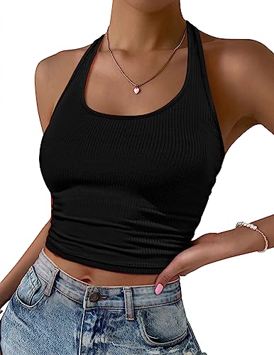 Ekouaer Crop Tops Damen Karneval Neckholder Top Rückenfrei Sommer Ärmellose U-Ausschnitt Oberteil Gestrickt, Schwarz M von Ekouaer