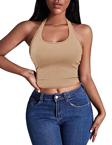 Ekouaer Unterhemden Damen Neckholder Tops Sommer Oberteil Rückenfrei Tank Top Slim Fit, Khaki M von Ekouaer