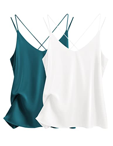 Ekouaer Unterhemden Damen Satin Spaghettiträger Basic Top Ärmellos Blusentop Dessous Elegant Tank Top V-Ausschnitt 2pcs, Weiß+Pfaublau, XXL von Ekouaer