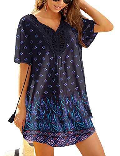 Ekouaer V Ausschnitt Strandkleider Damen Strandtunika Spitze Sexy Strandponcho Strandbluse Longbluse Schwarz-Boho XXL von Ekouaer