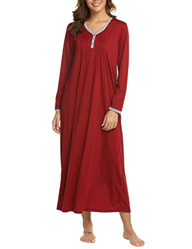 Ekouaer Weihnachten Nachthemd Damen Lang Weihnachts Nachtkleid Langarm V-Ausschnitt Nachthemden für Damen Winter Nachtwäsche Rot von Ekouaer