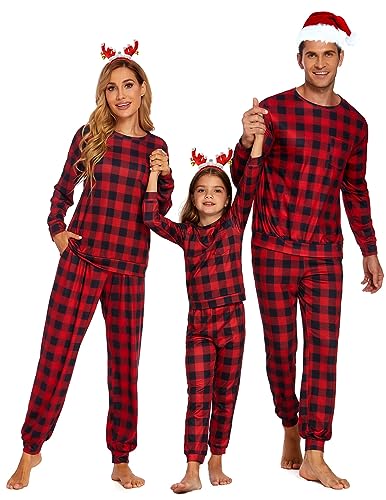 Ekouaer Weihnachten Schlafanzug Langarm Familien Christmas Pyjama Familie Set Winter Schlafanzug Lang für Mädchen Jungen Couple Weihnachtsoutfit, Kind-Kariert, 120 von Ekouaer