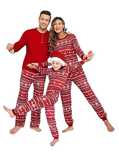 Ekouaer Weihnachtspyjama Familie Set Schlafanzüge Outfit Winter Damen Nachtwäsche Weihnachts Sleepwear, Rot, Damen, XL von Ekouaer