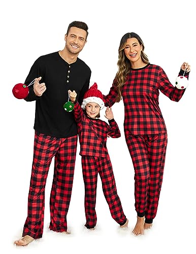 Ekouaer Weihnachtspyjamas Set Schlafanzug Weihnachten Familie Langarm Fun-Nachtwäsche Outfit Hausanzug, Karierte, Kinder, 130 (8-9 Jahre) von Ekouaer