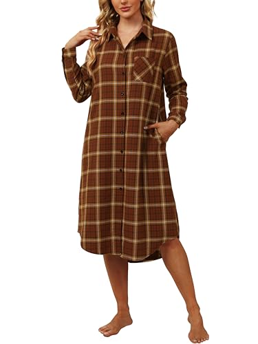 Ekouaer Damen Nachthemd Baumwolle Knöpfe Bambus Pyjama Nightwear Loungewear Braun Plaid L von Ekouaer