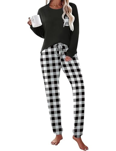 Ekouaer Zweiteiler Schlafanzug Damen Warm Pyjama lang Nachtwäsche Baumwolle Langehose Hausanzug Langarm Pyjama Set Rundhals Winter, Schwarz-Weiß, M von Ekouaer