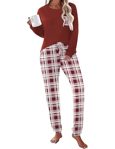 Ekouaer Zweiteiler Damen Schlafanzug Lang Pyjama lang Nachtwäsche Baumwolle Langehose Hausanzug Langarm Pyjama Set Rundhals Winter, Weinrot, M von Ekouaer