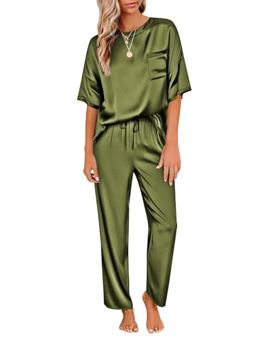 Ekouaer Zweiteiler Damen Schlafanzug Satin Pyjama Lang Nachtwäsche Lang Hose Hausanzug Kurzarm Pyjama Set Rundhals Sommer, Armeegrün, M von Ekouaer