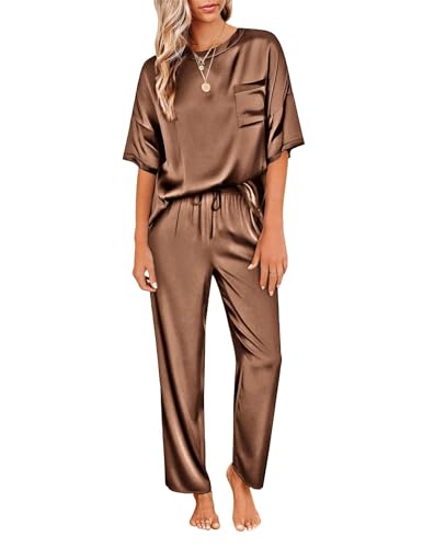 Ekouaer Zweiteiler Damen Schlafanzug Satin Pyjama Lang Nachtwäsche Lang Hose Hausanzug Kurzarm Pyjama Set Rundhals Sommer, Braun, M von Ekouaer