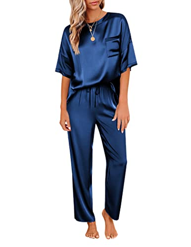 Ekouaer Zweiteiler Damen Schlafanzug Satin Pyjama Lang Nachtwäsche Lang Hose Hausanzug Kurzarm Pyjama Set Rundhals Sommer, Navyblau, M von Ekouaer