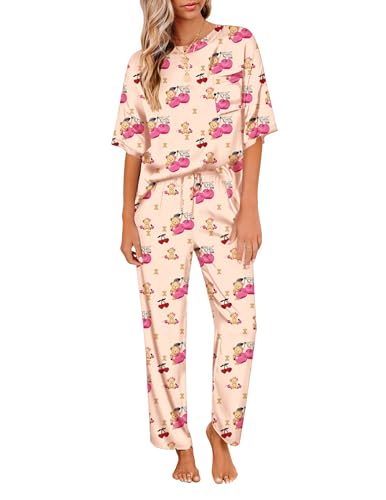 Ekouaer Zweiteiler Damen Schlafanzug Satin Pyjama lang Nachtwäsche Lang Hose Hausanzug Kurzarm Pyjama Set Rundhals Sommer, Teddybär, M von Ekouaer