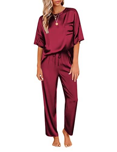 Ekouaer Zweiteiler Damen Schlafanzug Satin Pyjama Lang Nachtwäsche Lang Hose Hausanzug Kurzarm Pyjama Set Rundhals Sommer, Weinrot, M von Ekouaer