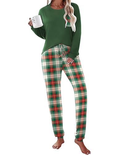 Ekouaer Zweiteiler Schlafanzug Pyjama Schlafanzughose Damen Lang Hausanzug Langarm Pyjama Set Rundhals Winter, Grün-Kariert, M von Ekouaer