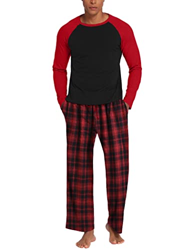 Ekouaer Zweiteiliger Pyjama Set Langarm Winter Schlafanzug Herren Bequem Langehose, Rot-Schwarz, M von Ekouaer