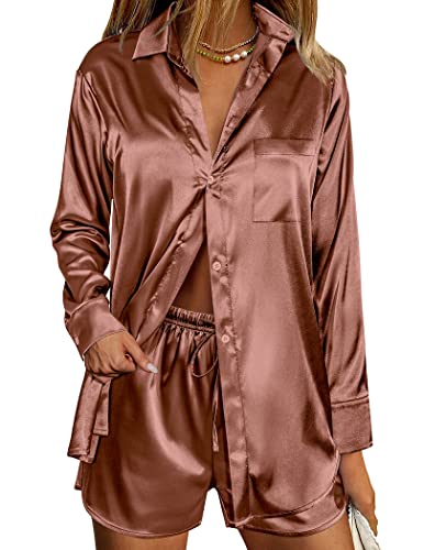 Ekouaer Zweiteiliges Damen-Pyjama-Set, Satin, langärmelig, Lounge-Sets, Button-Down-Shirts und Shorts, Pyjama, weiche Nachtwäsche Set, Braun, XXL von Ekouaer