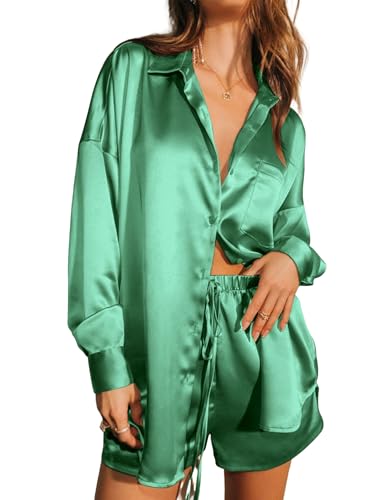 Ekouaer 2-teiliges Pyjama-Set für Damen, Satin, langärmelig, Lounge-Set, Hemden und Shorts, Schlafanzug, weiches Nachtwäsche-Set, Grün , M von Ekouaer