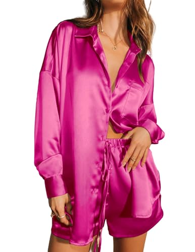 Ekouaer Zweiteiliges Damen-Pyjama-Set, Satin, langärmelig, Lounge-Sets, Button-Down-Shirts und Shorts, Pyjama, weiche Nachtwäsche Set, Knallpink (Hot Pink), L von Ekouaer