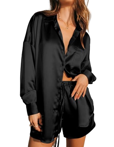 Ekouaer Zweiteiliges Damen-Pyjama-Set, Satin, langärmelig, Lounge-Sets, Button-Down-Shirts und Shorts, Pyjama, weiche Nachtwäsche Set, Schwarz, XXL von Ekouaer