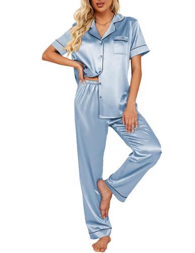 Ekouaer Satin Damen Schlafanzug mit Knopfleiste Kurzarm Pyjamas Set Zweiteiliger Hausanzug PJs, Blau, XL von Ekouaer