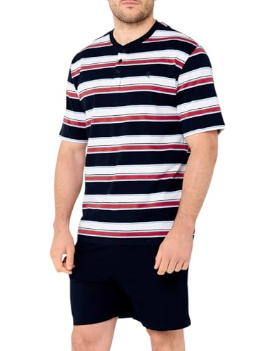 El Búho Nocturno Schlafanzug Herren Kurz Sommer Baumwolle Gestrickt Gestreift Pyjama Herren, 100% Baumwolle, Rot 3034, L von El Búho Nocturno