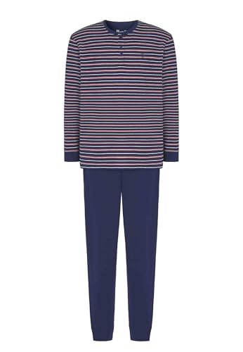 El Búho Nocturno Schlafanzug Herren Lang Baumwolle Gestrickt Gestreift Pyjama Herren, 100% Baumwolle, Blau 5309, 3XL von El Búho Nocturno