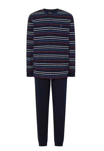 El Búho Nocturno Schlafanzug Herren Lang Baumwolle Gestrickt Premium Gestreift Pyjama Herren, 100% Baumwolle, Blau 5585, XXL von El Búho Nocturno