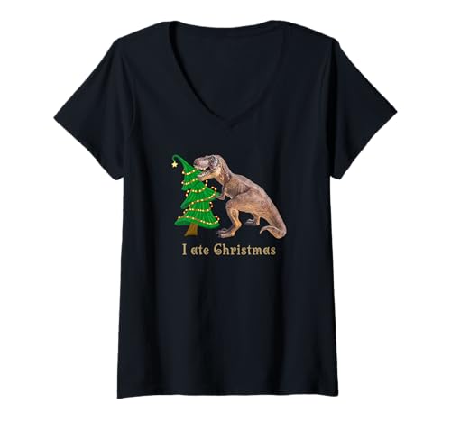 Damen I ate Christmas t-rex Dino Baum lustig Humor Weihnachten T-Shirt mit V-Ausschnitt Damen I ate Christmas t-rex Dino Baum lustig Humor Weihnachten T-Shirt mit V-Ausschnitt von El Finofaurio christmas