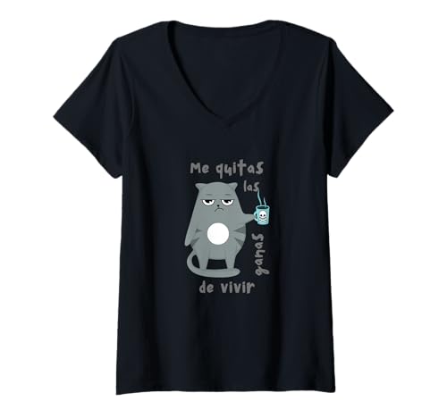 Damen Humor Katze Tasse Kaffee schlechte Laune Blick Geschenk Bruder Kätzchen T-Shirt mit V-Ausschnitt Damen Humor Katze Tasse Kaffee schlechte Laune Blick Geschenk Bruder Kätzchen T-Shirt mit V-Ausschnitt von El Finofaurio gato humor